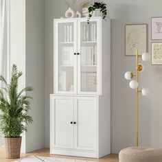 a white cabinet with glass doors and shelves in the corner next to a potted plant