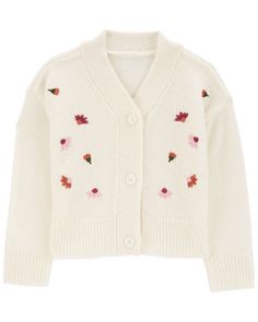 The perfect layer does exist! This fashionable cardigan is complete with knit-in floral details and classic buttons up the front. Kids Sweater Girls, Vintage Sweater Toddler, Toddler Girl Cardigan, Baby Girl Cardigans, Kids Cardigans, Baby Girl Sweaters, Carters Girl, Floral Sweater, Carters Baby