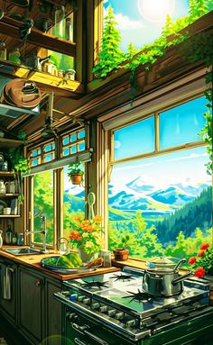 a painting of a kitchen with an open window looking out onto the mountains and trees