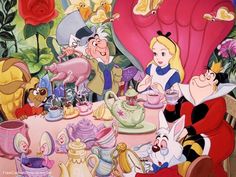 an image of a cartoon scene with alice and the seven dwarfs at a tea party