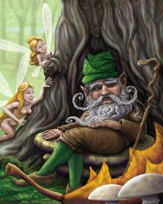 a painting of a man sitting on top of a tree stump next to other elves