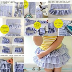 instructions to make ruffled skirts for children's clothing and accessories, including sewing