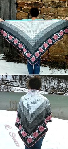 a woman wearing a gray and pink crocheted shawl with roses on it