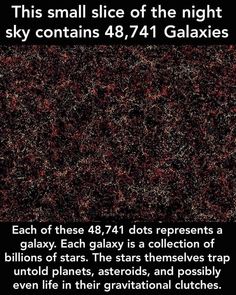 an image with the caption that reads, this small slice of the night sky contains 487 dots represents a galaxy each galaxy is a collection of billion stars