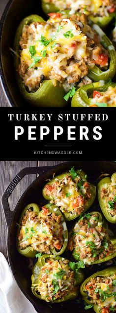 stuffed bell peppers in a cast iron skillet with text overlay that reads stuffed bell peppers