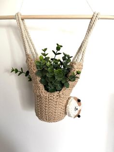 a plant hanging from a rope with a stuffed animal on it's side and a potted plant in the middle