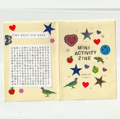 an open book with words and pictures on the pages that include birds, stars, and hearts