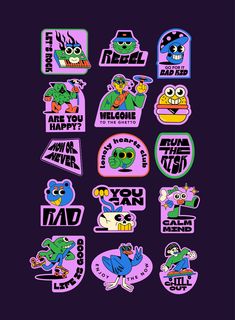 some stickers that are on the back of a purple shirt with an image of cartoon characters