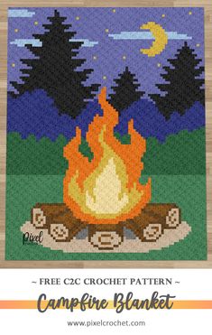 the campfire blanket is made with free crochet pattern and has a bonfire on it