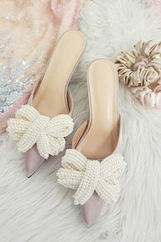 Heel Height: 2.5cm Average width  Gorgeous pearl bow detail Satin fabric Colour: Pink Fits true... Shoes With Pearls, Expensive Shoes, White Wedding Shoes, Black Femininity