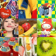 the collage has pictures of different foods and things to eat on it, including apples, kiwis, bananas, apple slices, carrots