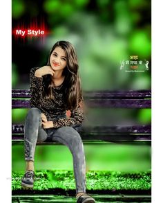 a woman sitting on top of a bench in front of a green background with the words my style