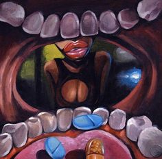 a painting of a woman sitting in front of a mirror with teeth and gums on it