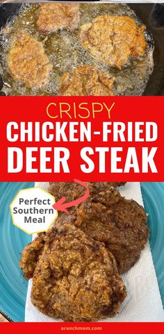 chicken fried venison steak on blue plate Chicken Fried Venison Steak, Country Fried Deer Steak, Country Fried Venison Steak, Chicken Fried Backstrap, Chicken Fried Deer Steak, Fried Deer Steak Recipes, Air Fryer Backstrap, Fried Deer Meat Recipes, Fried Deer Meat