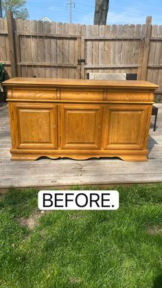 before and after photos of an old dresser turned into a sideboard with woodgrain