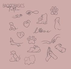 a drawing of different types of dogs and their paw prints on a pink background with the words backrobasics written in cursive