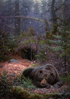 a painting of a bear laying in the middle of a forest with trees and rocks