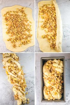 four pictures showing how to make an uncooked pastry