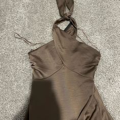 New With Tags Fully Lined Silky Fabric Chic Brown Silk Mini Dress, Brown Formal Mini Dress For Summer, Formal Brown Summer Mini Dress, Brown Satin Mini Dress For Spring, Brown Halter Neck Midi Dress For Party, Spring Evening Mini Dress In Brown, Brown Mini Dress For Spring Evening, Brown Spring Evening Mini Dress, Halter Long Dress