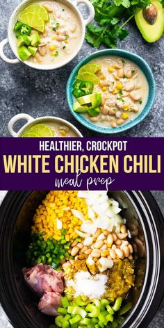 white chicken chili with beans and avocado in a crockpot on the side