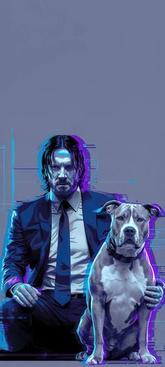 a man in a suit and tie sitting next to a dog