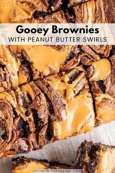 gooey brownies with peanut butter swirls cut in half and stacked on top of each other