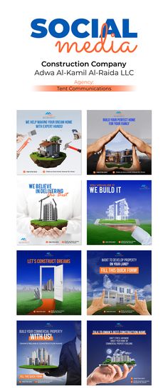 the social media website for construction company advertise with images of buildings and hands