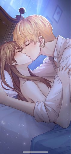 a man and woman kissing on a bed in the middle of an anime style scene