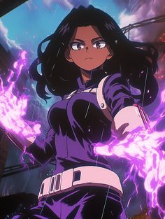 an anime character with purple hair and black eyes holding her arms out in front of the camera