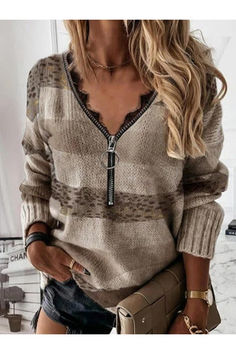 Khaki Casual Tops V-neck Long Sleeve Leopard Printed Sweater Geometric Sleeve, Pullover Mode, Leopard Print Sweater, Middle Aged Women, Sweaters Online, Loose Sweater, Casual Fall Outfits, Casual Sweaters, Printed Sweater