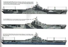 three different views of a navy ship from the side, top to bottom and bottom