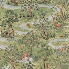 a wallpaper with deers and trees in the grass, on a green ground