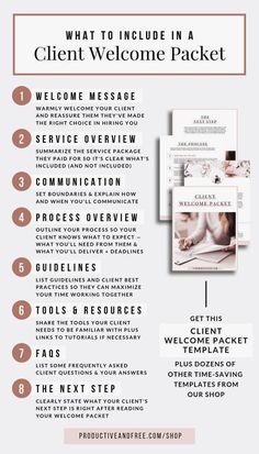 a white and pink flyer with the words, what to include in a client welcome packet