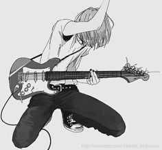 a drawing of a girl playing guitar with her arm in the air while jumping up into the air