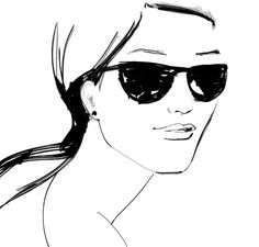 a black and white drawing of a woman wearing sunglasses with her hair blowing in the wind