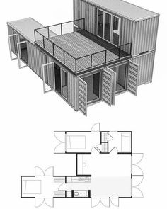 the floor plan for a shipping container home with two levels and an upper level balcony