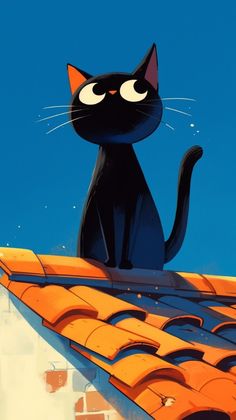 a black cat sitting on top of an orange tiled roof with eyes wide open, staring at the viewer