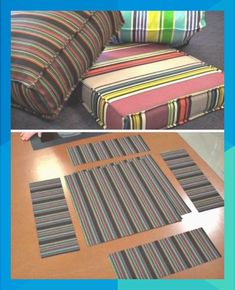 four different pictures showing how to make a chair cushion with strips of fabric on it