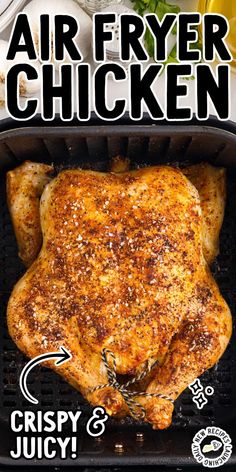 an air fryer chicken is shown with the words crispy and juicy on it