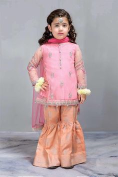 Baby Pink Color Chiffon Pamplam Jamawar Gharara Pakistani Wedding Dress for Kids, Visit Now : www.NameerabyFarooq.com or Call / Whatsapp : +1 732-910-542 Kids Garara Design, Frock Design Party Wear, Formal Dresses For Kids, Party Wear Frocks For Kids, Diwali Clothes, Frock Stitching, Baby Girl Frock Designs, Gharara Dress, Pakistani Kids Dresses