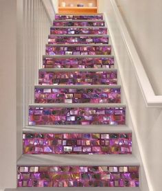 the stairs are decorated with purple tiles