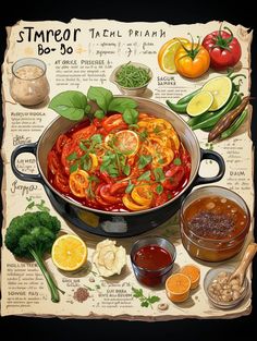 a poster with different types of food and ingredients to make it look like an old recipe book