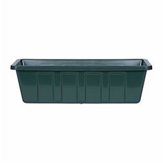 a rectangular plastic planter with four compartments on the bottom and two sides, in dark green