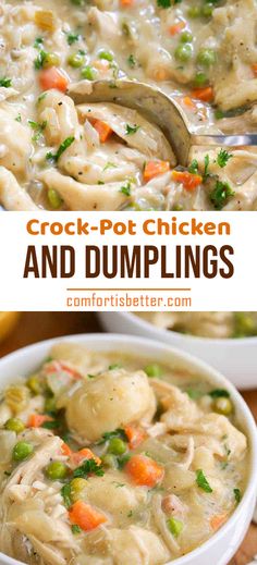 crock pot chicken and dumplings in a white bowl