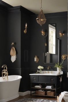 bathroom paint ideas,interior wall painting,black bathroom walls,paint color inspiration Black Paint Powder Room, Tricorn Black Wainscoting, Small Bathroom Painted Black, Tricorn Black Bathroom, Grey Half Bathroom Ideas, Color For Bathroom Walls, White Half Bathroom Ideas, Half Bathroom Ideas Decor, Black And White Half Bathroom