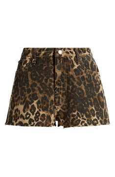 A fierce print fires up denim day with these nonstretch shorts cut from sturdy cotton. 1 1/2" inseam; 28" leg opening; 11" front rise; 15 1/2" back rise (size 8) Exclusive retailer Zip fly with button closure Five-pocket style 100% cotton Machine wash, line dry Imported Leopard Print Shorts Outfit, Jade Outfits, Leopard Clothes, Cheetah Shorts, Light Grey Leggings, Throwing Fits, Leopard Outfits, Leopard Shorts, Leopard Print Shorts