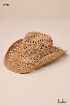 Wherever your Western adventures take you, you'll be ready with the Lulus Rodeo Charm Tan Woven Cowboy Hat! Sunny woven straw shapes this cute and airy hat that has a wire-lined brim and a high collar, finishing with a classic dipped crown. A slender, cord-style hat band ends with a cute bow to complete the look. 3" Soft Brim. 22" Interior Circumference With An Internal Drawstring. Crown Measures 4. 5" Tall. 100% Paper. Imported. Lulus | Rodeo Charm Tan Woven Cowboy Hat. Summer Fashion Accessories, Hat With Bow, Concert Fits, Cute Bow, Hat Band, Cowboy Hat, Cute Bows, Women's Summer Fashion, Straw Hat