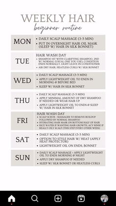 WEEKLY HAIR BEGINNER ROUTINE No Wash Hair Routine, Easy Hair Routine, Beginner Hair Care Routine, Weekly Hygiene Routine, Weekly Curly Hair Routine, Morning Hair Care Routine, Hair Care Weekly Routine, Hair Routine Weekly