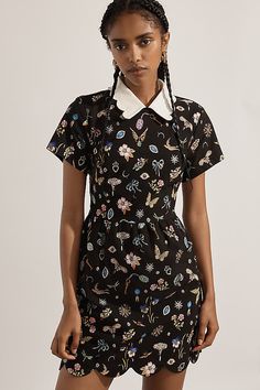 Viscose, cotton, elastane Zipper styling Machine wash Imported | Short-Sleeve Collared Scallop Mini Dress by Maeve, Women's, Size: Small, Cotton/Viscose/Elastane at Anthropologie Mini A Line Dress, Dark Floral Dress, Anthropologie Uk, Mini A, Sweater Season, Fall Dress, Maxi Slip Dress, Dress Short Sleeve, Dark Floral