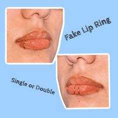 two pictures of the same woman's lips with fake lip rings on each side